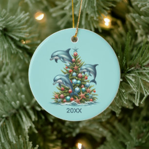 Cute beach dolphin lovers add year message ceramic ornament