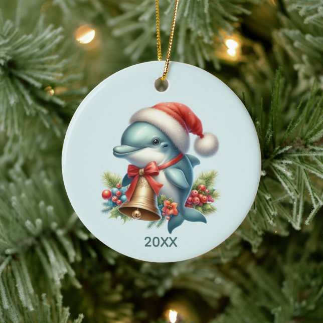 Cute beach dolphin lovers add year message ceramic ornament (Tree)