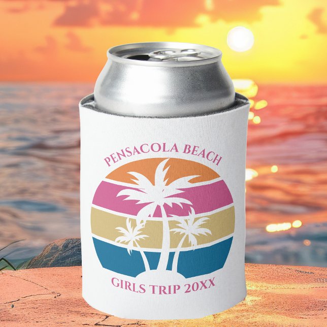Cute Beach Girls Trip Palm Trees Custom Pink Can Cooler (Creator Uploaded)