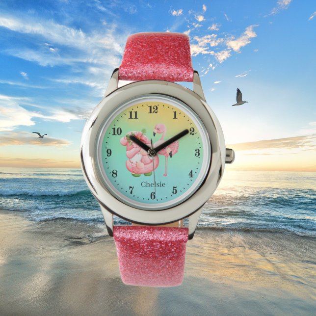 cute beach gnome pink flamingo add name kids watch (Creator Uploaded)