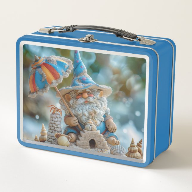 Cute beach gnome with an umbrella metal lunch box (Front)