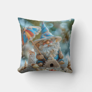 Cute beach gnome with an umbrella throw pillow