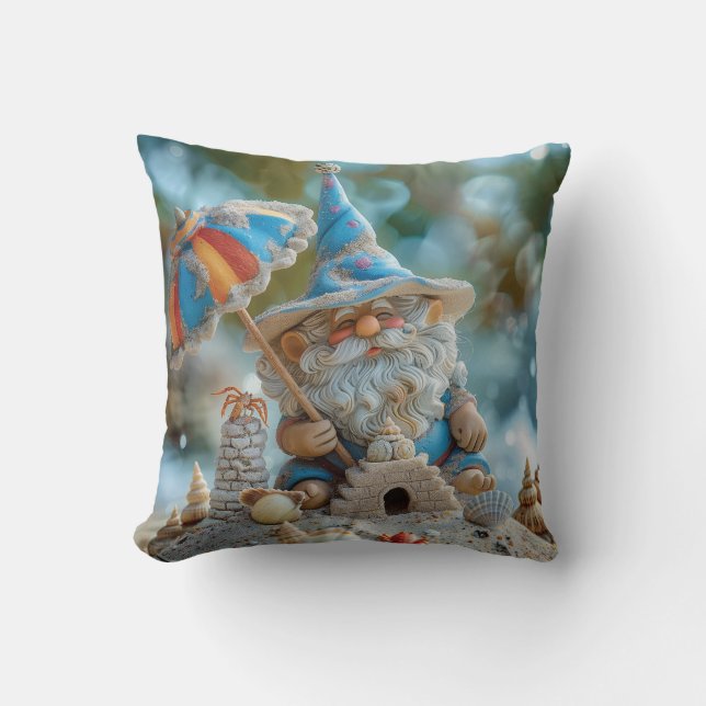 Cute beach gnome with an umbrella throw pillow (Front)