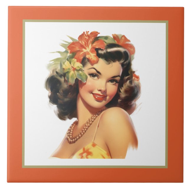 Cute beach Hawaiian lady  Tile (Front)