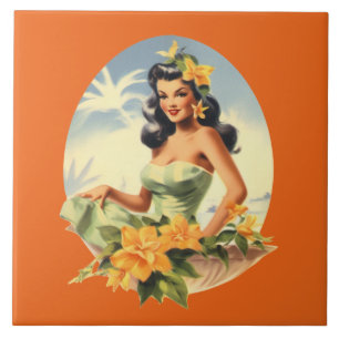 Cute beach Hawaiian lady Tile