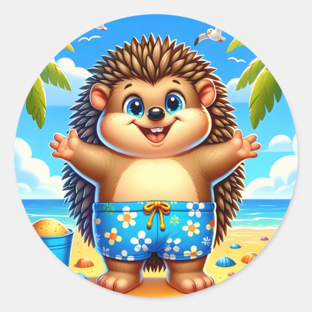 Cute beach hedgehog lovers classic round sticker (Front)