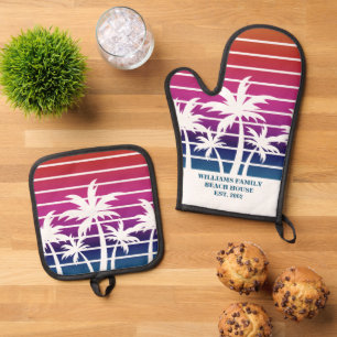 Cute Beach House Sunset Palm Tree Custom Oven Mitt & Pot Holder Set
