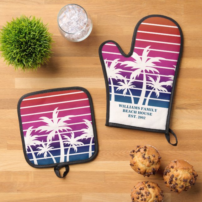Cute Beach House Sunset Palm Tree Custom Oven Mitt & Pot Holder Set (Top Down)