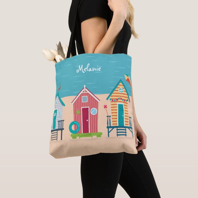 Cute Beach Huts Summer Holiday Personalised Tote Bag (Close Up)