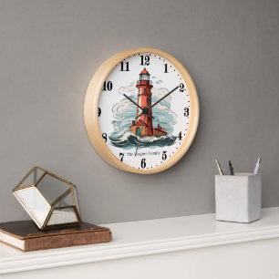 Cute Beach lighthouse lovers add name  Clock
