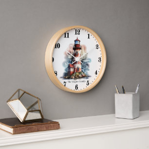 Cute Beach lighthouse lovers add name  Clock