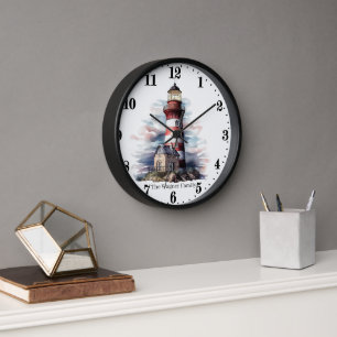 Cute Beach lighthouse lovers add name Clock