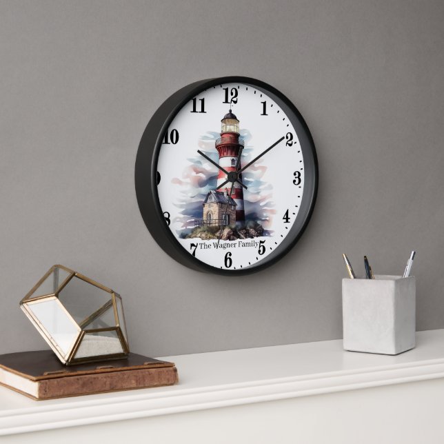 Cute Beach lighthouse lovers add name  Clock (Office)