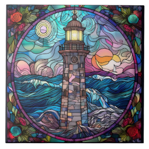 cute beach lighthouse lovers tile