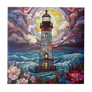 cute beach lighthouse lovers tile