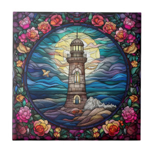 cute beach lighthouse lovers  tile