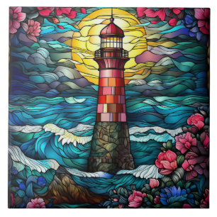 cute beach lighthouse lovers tile
