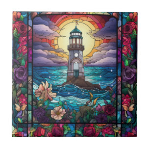 cute beach lighthouse lovers tile