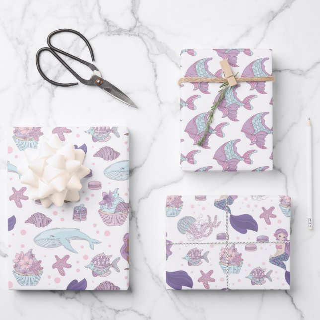 cute beach mermaid tiled party wrapping paper sheet (Front)
