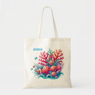 Cute beach ocean coral seashells add name tote bag