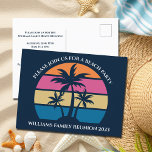 Cute Beach Palm Tree Family Reunion Invitation Postcard<br><div class="desc">This cute beach palm tree sunset party postcard invitation is perfect for a summer family reunion at a tropical island. Personalize these fun invites to a coastal outing with friends or family.</div>