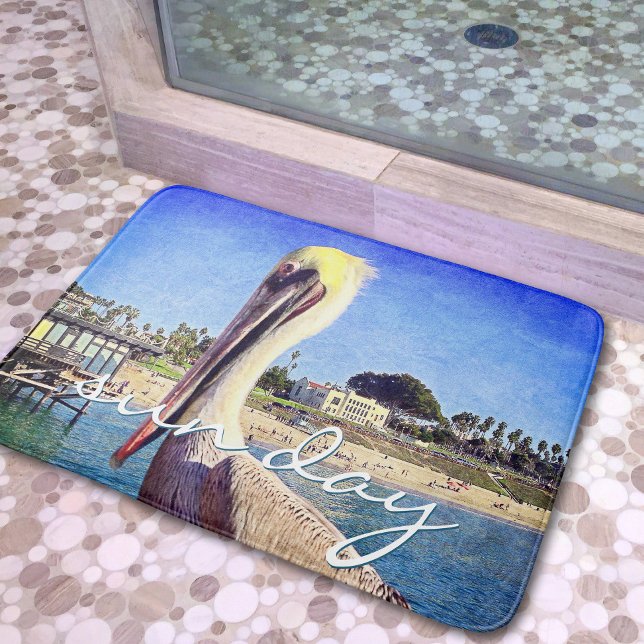Cute Beach Pelican Bird Photo Sun Day Script Bath Mat (Creator Uploaded)