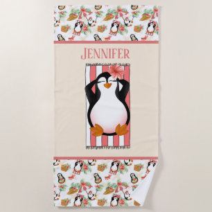 cute beach penguin add name Beach Towel