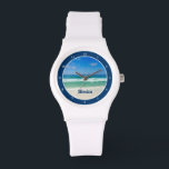 Cute Beach Photo Personalized Seaside White Watch<br><div class="desc">A beautiful beach photograph taken in the ideal vacation destination of Destin,  Florida. The gorgeous green waters of Sandestin wash up to the sandy seashore underneath serene blue skies to make the perfect scenic vacation photo wristwatch. Customize this pretty,  tropical watch with your name.</div>