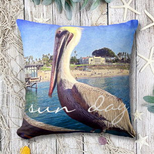 Cute Beach Pier Pelican Bird Photo Sun Day Quote Throw Pillow