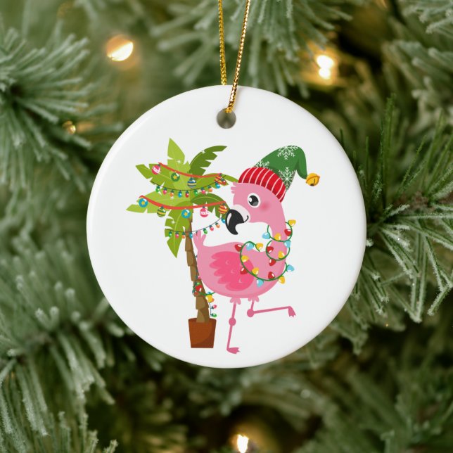 cute beach pink flamingo add sentiment  ceramic ornament (Tree)