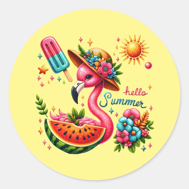 Cute beach pink flamingo hello Summer Classic Round Sticker (Front)