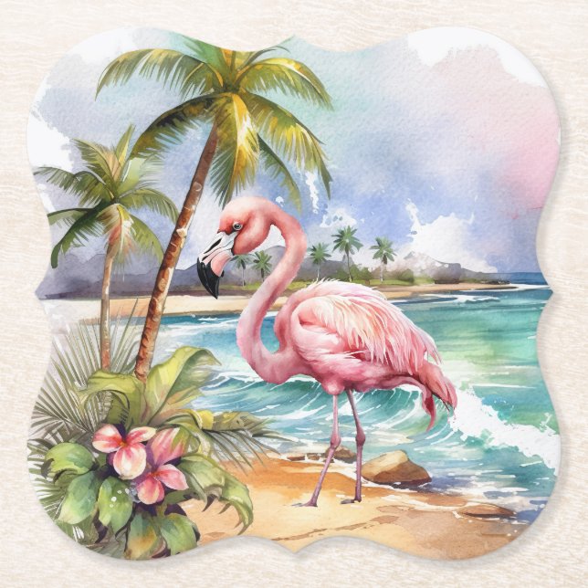Cute beach pink flamingo party  paper coaster (Front)