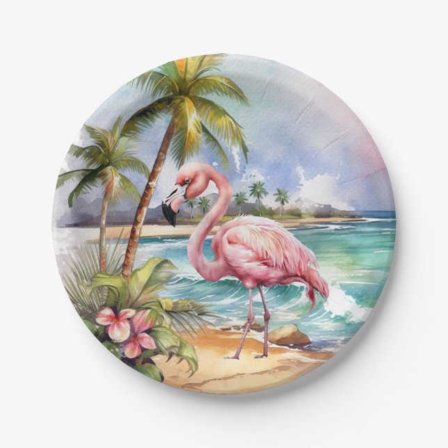 Cute beach pink flamingo party  paper plate (Front)
