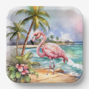 Cute beach pink flamingo party  paper plate