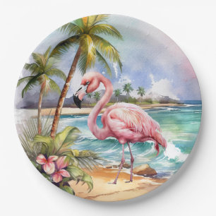 Cute beach pink flamingo party paper plate