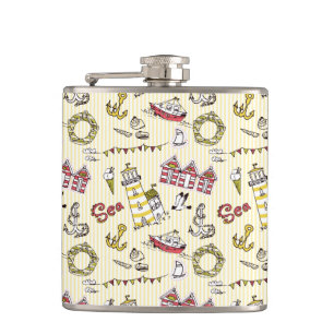 Cute Beach Scene Pattern Hip Flask