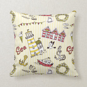 Cute Beach Scene Pattern Throw Pillow