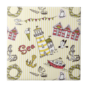 Cute Beach Scene Pattern Tile
