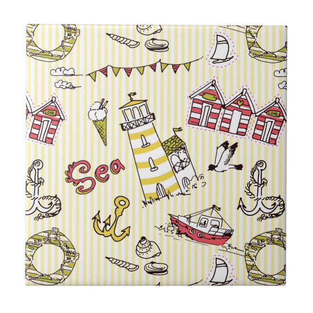 Cute Beach Scene Pattern Tile (Front)