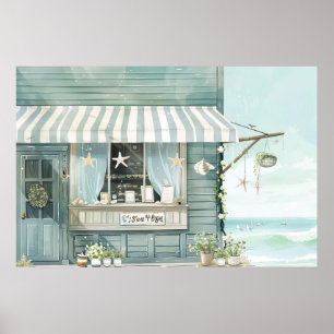 cute beach scenery illustration watercolor style poster