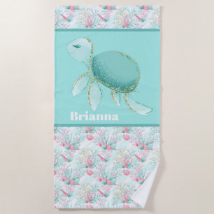 Cute beach sea turtle add name beach towel
