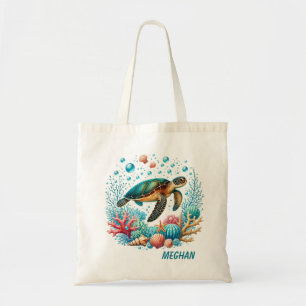 Cute beach sea turtle add name  tote bag