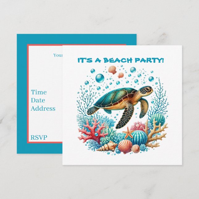 Cute beach sea turtle party invitation (Front/Back)