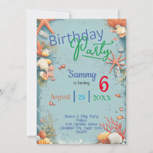 Cute beach, underwater, fish kids birthday invitation