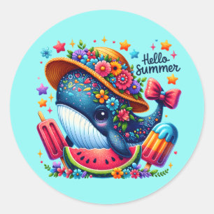Cute beach whale hello Summer Classic Round Sticker