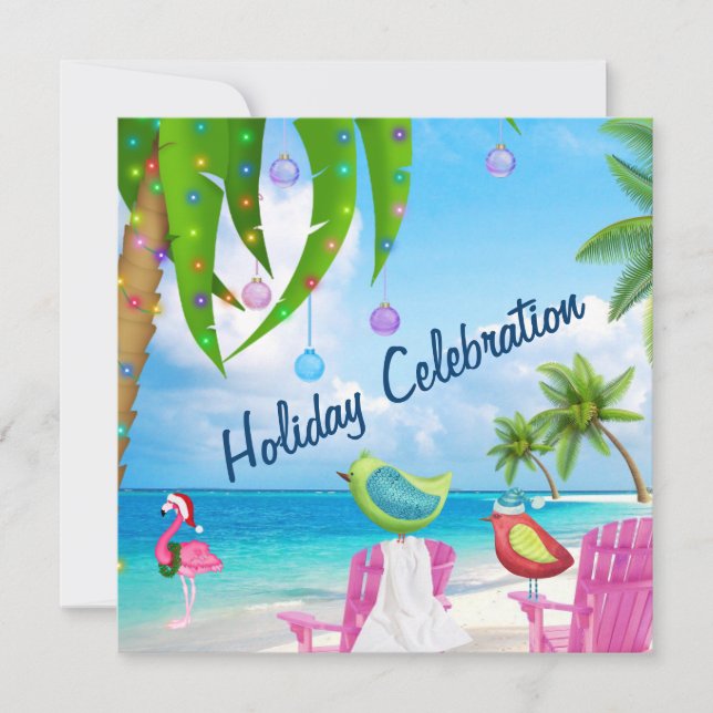 Cute Beach Winter Birds Christmas Party Invitation (Front)