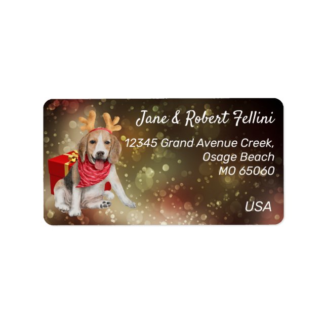 Cute Beagle antlers red box festive custom Label (Front)