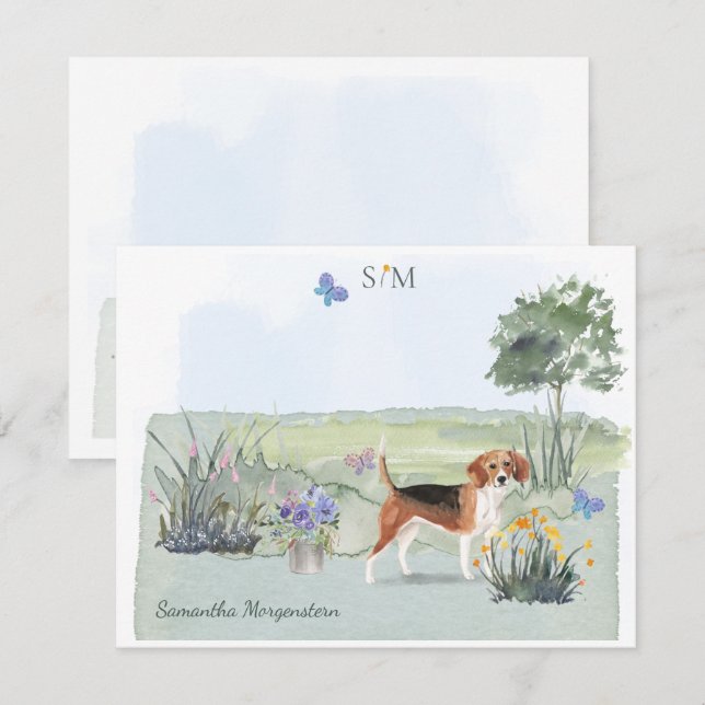 Cute Beagle Dog Butterfly Monogram and Name  Card (Front/Back)