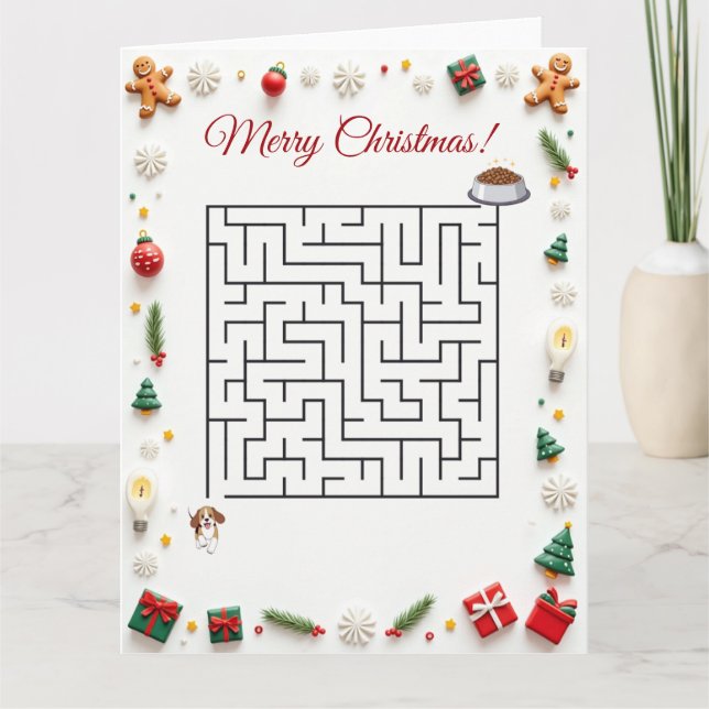 Cute Beagle Dog Christmas Maze Puzzle Holiday Card (Front)