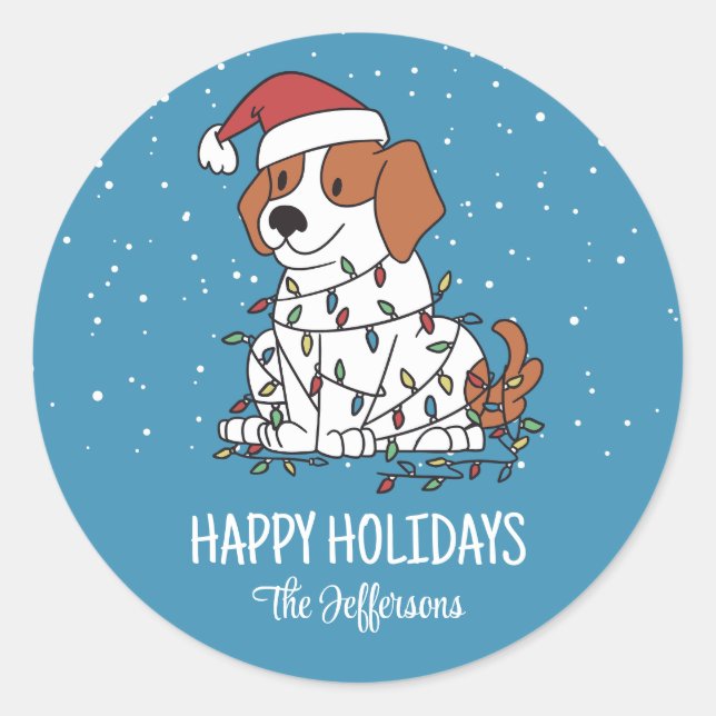 Cute Beagle Dog Christmas Snowy Winter Holiday Classic Round Sticker (Front)